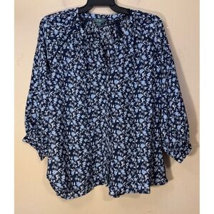 Terra & Sky Blouse Women 1X Blue Floral Button Up 3/4 Sleeve Top Boho NEW